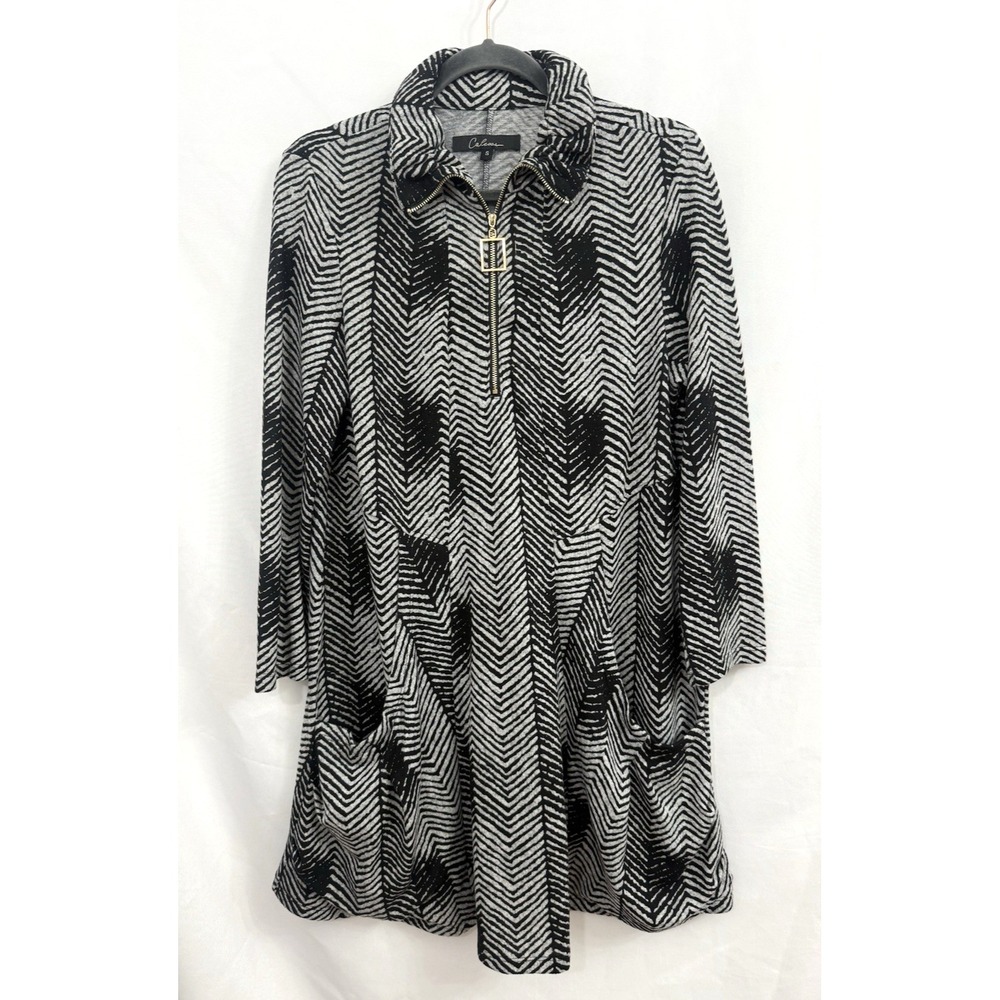 Calessa Black Gray Chevron Pattern 1/4 Zip‎ Tunic Top Womens Size S